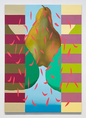Bright painting strewn with red confetti, a sensual image of a pear in center, the sides striped in reds, pinks, and greens.