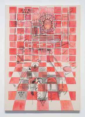 A red and gray grid layered with objects and symbols, including a baby’s head in a flower, creating multiple dimensions.