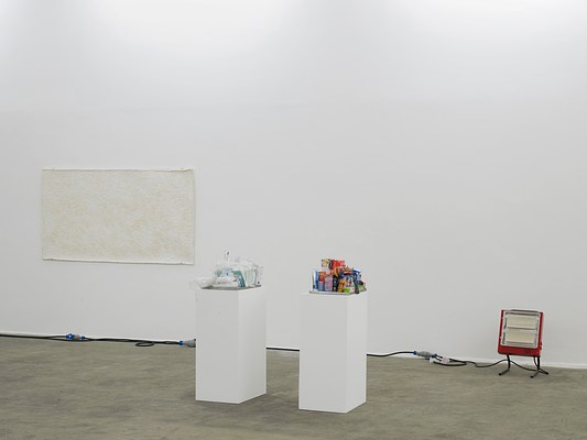 Installation view showing two more pedestals with shallow metal trays containing various medical and drugstore items, including baby oil, cling film, and condoms. An off-white, textured rectangular work is hung on the wall to the left of the pedestals. It looks like it could be made of some kind of foam because of its bumpy surface texture, but its edges look unfinished and pulpy like paper. On the floor to the right of the pedestals is a portable red space heater.