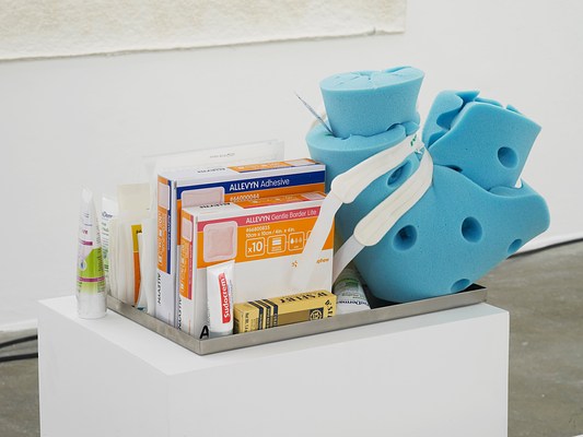 Close-up view of shallow metal tray containing various medical and drugstore items, including Allevyn foam dressings, various skin rash creams, and blue foam padding, on a white pedestal.