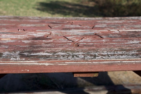The photograph that is a close-up view of the weather-worn surface of a faded red picnic table, a sunny patch of grass in the background. On closer inspection, there is a carving of a star in the center of the table's surface indicating the cardinal directions with the letters N, S, W, and E.