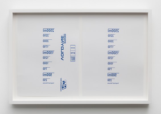 A framed artwork. The frame is painted white wood. The matte board is also white. The artwork is two pages of paper vertically oriented and side by side. The sheets are white, with graphically printed sparse numbers, lines, logos and text all in blue. All of the content is printed in reverse as if it were viewed in a mirror. On the page on the left the print spells out in a vertical column “2500ml” “2250” “2000” “1750” “1500ml” “1250” “1000” “750” “500ml” “250” from top to bottom with a horizontal blue line separating each number. Underneath this column are the words “Inspired Volume”. Next to the column are the words “VOLDYNE ® 2500” and “HUDSON RCI” with a simple logo. To the right of these words are three stacked boxes each containing the words “GOOD” “BETTER” “BEST” from top to bottom. On the page on the right the print spells out in a vertical column “2500ml” “2250” “2000” “1750” “1500ml” “1250” “1000” “750” “500ml” “250” from top to bottom with a horizontal blue line separating each number. Underneath this column are the words “Inspired Volume”, without additional text or logos.