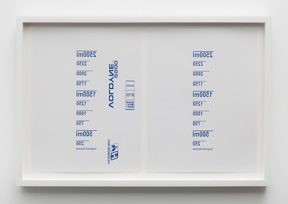 A framed artwork. The frame is painted white wood. The matte board is also white. The artwork is two pages of paper vertically oriented and side by side. The sheets are white, with graphically printed sparse numbers, lines, logos and text all in blue. All of the content is printed in reverse as if it were viewed in a mirror. On the page on the left the print spells out in a vertical column “2500ml” “2250” “2000” “1750” “1500ml” “1250” “1000” “750” “500ml” “250” from top to bottom with a horizontal blue line separating each number. Underneath this column are the words “Inspired Volume”. Next to the column are the words “VOLDYNE ® 2500” and “HUDSON RCI” with a simple logo. To the right of these words are three stacked boxes each containing the words “GOOD” “BETTER” “BEST” from top to bottom. On the page on the right the print spells out in a vertical column “2500ml” “2250” “2000” “1750” “1500ml” “1250” “1000” “750” “500ml” “250” from top to bottom with a horizontal blue line separating each number. Underneath this column are the words “Inspired Volume”, without additional text or logos.