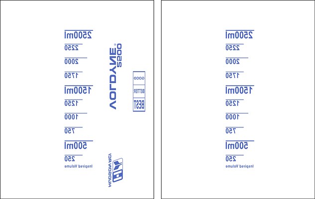 An artwork. The artwork is two pages of paper vertically oriented and side by side. The sheets are white, with graphically printed sparse numbers, lines, logos and text all in blue. All of the content is printed in reverse as if it were viewed in a mirror. On the page on the left the print spells out in a vertical column “2500ml” “2250” “2000” “1750” “1500ml” “1250” “1000” “750” “500ml” “250” from top to bottom with a horizontal blue line separating each number. Underneath this column are the words “Inspired Volume”. Next to the column are the words “VOLDYNE ® 2500” and “HUDSON RCI” with a simple logo. To the right of these words are three stacked boxes each containing the words “GOOD” “BETTER” “BEST” from top to bottom. On the page on the right the print spells out in a vertical column “2500ml” “2250” “2000” “1750” “1500ml” “1250” “1000” “750” “500ml” “250” from top to bottom with a horizontal blue line separating each number. Underneath this column are the words “Inspired Volume”, without additional text or logos.