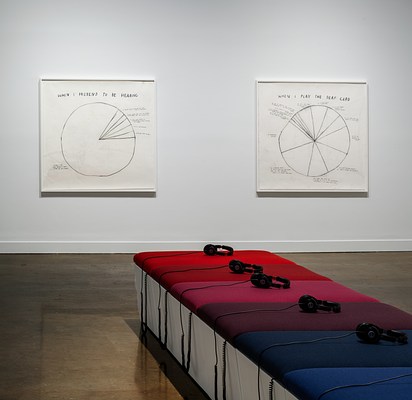 Foreground bench with blue and red cushions and headphones points to 2 pie-chart drawings on the gallery wall.