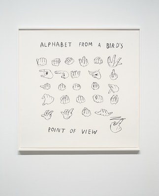 Framed black and white drawing of hands making the signs for “ALPHABET FROM THE SPELLER’S  POINT OF VIEW” on a white wall.