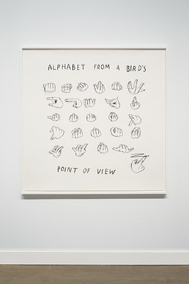Framed black and white drawing of hands making the signs for “ALPHABET FROM THE SPELLER’S  POINT OF VIEW” on a white wall.