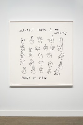 Framed black and white drawing of hands forming the signs for “ALPHABET FROM A LURKER’S  POINT OF VIEW” on a white wall.