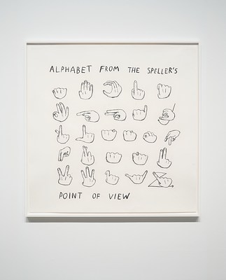 Framed black and white drawing of hands forming the signs for “ALPHABET FROM A LURKER’S  POINT OF VIEW” on a white wall.