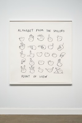 Framed black and white drawing of hands forming the signs for “ALPHABET FROM A LURKER’S  POINT OF VIEW” on a white wall.