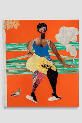 A detail image of a large orange wall work. The painting depicts a person standing against an orange and green striped background. They're smoking a cigarette and the smoke rises in a silver cloud on the right side of the painting. They have dark skin, an afro, a blue tank top, and colorful patchwork pants. All the forms in the painting are made of pieces of fabric sewn or otherwise attached to the stretched canvas. Some of the fabric has floral or geometric patterns, like those pieces used to make the pants and face of the figure. The fabric used for the skin of the figure has been painted in thin layers of brown that subtly add shading and muscular structure to the chest and arms below the blue tank top. The green stripes in the background are also painted.