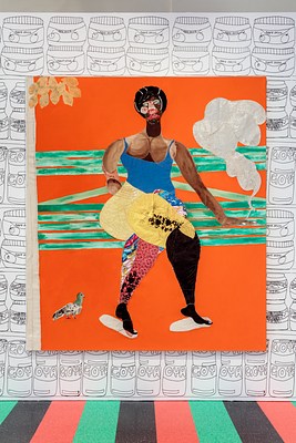 A detail image of a large orange wall work. The painting depicts a person standing against an orange and green striped background. They're smoking a cigarette, and the smoke rises in a silver cloud on the right side of the painting. They have dark skin, an afro, a blue tank top, and colorful patchwork pants. All the forms in the painting are made of pieces of fabric sewn or otherwise attached to the stretched canvas. Some of the fabric has floral or geometric patterns, like those pieces used to make the pants and face of the figure. The fabric used for the skin of the figure has been painted in thin layers of brown that subtly add shading and muscular structure to the chest and arms below the blue tank top. The green stripes in the background are also painted.