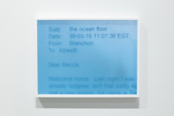 Translucent blue color washes over part of an email with “Subj:” “the ocean floor” “From:” “Blanchon” “To:” “AlbeeB”.