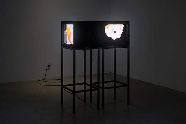 Two video monitors  sit on metal stands placed  adjacent and perpendicular to  each other in a darkened  room.