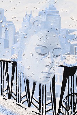 Floating above a balcony and painted in muted blue-gray, a woman’s face blends with a textured snowy cityscape.