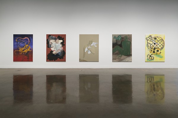 Five large paintings, hanging side by side, depict abstractions of people and animals.