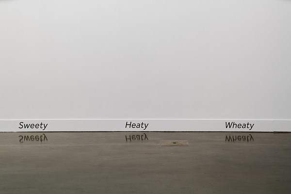 The words Sweety, Heaty, and Wheaty applied to the baseboard of a blank wall, and reflected in the gallery floor.