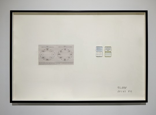Framed work with a graphic of 2 flow charts on newsprint, 2 small pill tins with 1 full and 1 empty, 2 silkscreened call numbers.