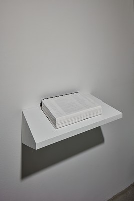 Centered in image is a white shelf holding a thick white index book, bound with black  spiral plastic. Shelf casts a shadow on wall.