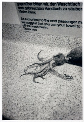 The photo, vertically oriented, depicts a speckled countertop that appears to be an airplane bathroom in black and white. A small squid or octopus is splayed out on the countertop near the edge of the countertop, which curves upwards as a backsplash. A sticker with bold text is stuck to the backsplash and in german and then english, asks users of the bathroom to be courteous to the next user by cleaning the basin when finished.