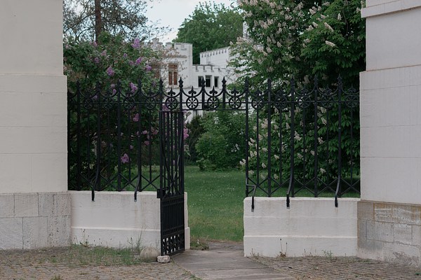 Close-up of the black metal gate in previous image. Between two white houses run a low white stone wall with a black metal fence in ornamental style. In its middle, we can see a gate opened towards us, leading into a garden with green grass and trees with purple and white flowers. In the distance, behind the foliage, we can see parts or a large building light grey with a tower. Next to the gate on the cobble stone, a smooth dome-shaped stone lies on the ground. The gate is held open by a smaller light stone, roughly cut in a cubic shape.