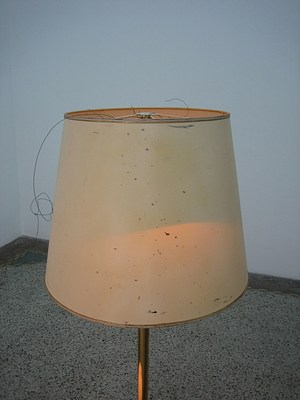 A detail of the tan lampshade. The lamp has been stained or marked by black ink speckles. When zooming in, we can see that it might be ink or thin paint because the black stains have spread like stars. Different lengths of wire have been attached to the top of the lamp and curl over the shade.