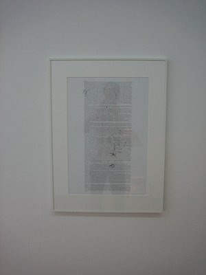 An image of a white framed wall work on a white wall. The reflection of the photographer is captured in the glass. The work is a column of text whose type is too small to read even after zooming.