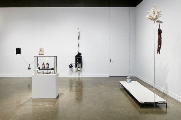 Installation view featuring objects hung fron the wall, a glass box with objects inside, and a raised white platform on the left with a pole attached to it and a white faux tree at the top.&nbsp;