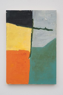Close view of a painting seen in previous installation images hanging on a white wall. The painting is abstract and in portrait format. We can see five color fields in the painting, roughly rectangular but not symmetrical or neat. In the left half of the painting, and in the top left corner, we can see a small black rectangular field. Below it, a larger yellow square area. Below the yellow area, we can see a large, orange rectangular field. In the right half of the painting, in the top right corner, we can see a grey field that extends down to about the center, with its lower right corner diverging diagonally upwards. Directly below it, we can see a turquoise rectangle with its upper right corner diverging diagonally upwards. In the center of the painting, we can see a dark green, vertical brush stroke. Where the black and yellow fields meet, we can see a horizontal dark green brush stroke which crosses over into the grey area on the left in the painting. Overall, the paint is applied roughly, and with visible brush strokes. Below the painting, we can see a subtle shadow on the wall.