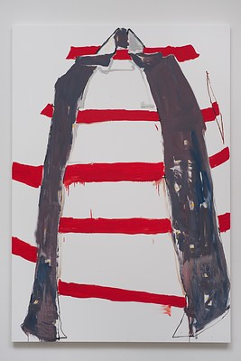 Close view of a painting seen in previous installation images hanging on a white wall. The painting is in portrait format. Against a white background, from the bottom corners to the top center of the painting, two long, rectangular grey fields extend, forming an upside down U. Where the fields meet at the top, we can see a small grey rectangle with two triangles, one white and the other light grey, to left and right. The grey fields are painted in large strokes, with some of the white background coming through at parts. We can also see dark blue strokes in the grey paint, as well as strokes in a lighter grey with purple tones. From the top to the bottom, we can see five red, thick horizontal stripes, equally spaced. They are painted in a haphazard way, and are not quite straight. Below the painting, we can see a subtle drop shadow on the wall.