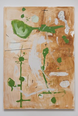 Close view of a rectangular painting hanging on a white wall, seen in previous installation images. The painting is in portrait format. Against a background of a light golden brown lively brush strokes, which increase in opacity from left to right, we can see green and white abstract shapes. At the top of the painting, we can see a round shape to the left that morphs into a horizontal line extending to the right. Around it, we can see dots and blots in green and white. In the middle of the painting, we can see a large smudge in white surrounded by drops. Two smaller round shapes in green morph into vertical strokes, extending downwards. From the bottom left corner, we can see a vertical, thin green stroke with horizontal strokes crossing it. It ends at the center of the painting in a circle with thin lines extending from it in various directions. We can see very thin horizontal black lines in the upper right half of the painting. Below the painting, we can see a subtle drop shadow on the wall.