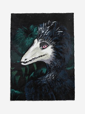 A vertically oriented painting with slightly rough edges. The painting depicts the face and shoulders of a dinosaur among dark green leaves. The dark feathers of the body blend with the leaves and only the white face and the white highlights along the crown and one shoulder stand out. The dinosaur's shoulders are facing away from the viewer but its face has turned back to look at us. We see the side of its face and one red eye with a black pupil.