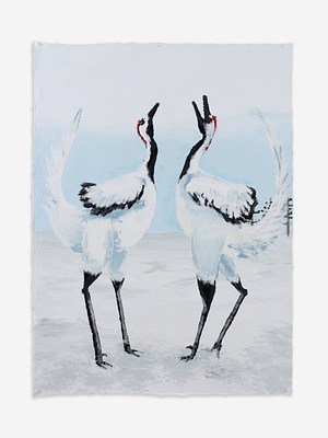 A pale, vertically oriented painting depicting two dinosaurs standing on a white, possibly snowy ground. The two dinosaurs vaguely resemble ostriches. The two figures are standing facing each other, almost like a mirror image of each other. Their long white tails curl up close to the height of their heads. They have black legs up past the knee, and their bodies are white and feathered. There is a border of black feathers along the wing and up the neck to the beak, and the back of their heads are red. The dinosaur on our right has it's neck thrown back as if calling out.