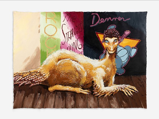 A horizontally oriented painting of a golden dinosaur in the pose of a cat or sphinx. Its back legs are tucked against its sides and it is resting on it's forearms with head and neck facing us. The dinosaur has bright blue eyes and is covered in gold and brown feathers, longer on its tail and arms. It is sitting on a dark, wooden floor but behind it, we can see colorful banners with words like "Rock" and "The Strangest Thing."