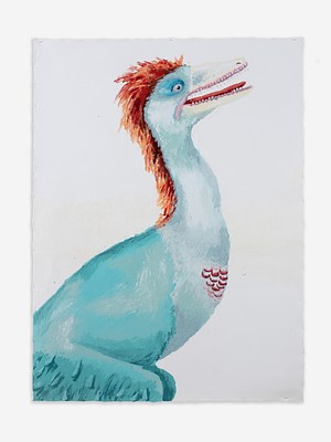 A vertically oriented portrait of a dinosaur against a pale background. Its body is in profile, coming from the bottom of the painting with the neck and head angled toward the right corner. The dinosaur is pale turquoise with a bright orange mohawk of feathers running from the top of its head down its neck. Its mouth is open, and a long red tongue sits between sets of tiny sharp teeth. The one eye visible has a bright black pupil and is looking down somewhere outside of the painting.