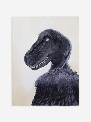 A fanciful, painted portrait of a dinosaur that looks to be both feathered and reptilian. The dinosaur is shown standing against a beige background with its back to us and its head turned so that we see it in profile. It has a long snout, similar to an alligator, and it almost appears to be smiling, revealing a row of sharp, white teeth. The dark gray, almost purplish skin of its head appears mottled and scaly, but from its neck down, it's covered in fluffy feathers. The general effect is friendly and cartoonish.
