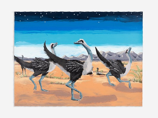 A large, unframed painting with slightly rough edges. A group of two legged dinosaurs, resembling ostriches, are pictured in a desert landscape. Three large birds run in the foreground of the painting with hints of other birds sitting or standing behind them. The ground plane is a warm sand color and there are distant gray mountains and a sky made from a white stripe, a turquoise stripe, cobalt and then navy blue stripe of paint. There are small stars in the navy strip of sky. The three dinosaurs have gray legs and black feathered bodies with long white and grey necks. The paint is applied roughly and thickly.