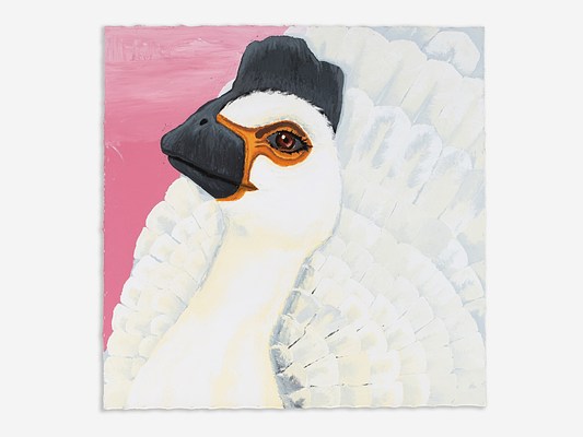 A large square painting of a white dinosaur in profile that resembles a swan. Three fourths of the picture is taken up with the head and neck and back of the dinosaur, and a small corner on the upper left is pink. The dinosaur has a long white neck, a brown eye surrounded by orange that trails to outline the black beak. A black crown rises on top of its head. The back is covered with layers of white feathers. The paint is applied roughly and thickly.