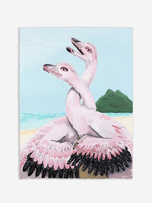 A vertically oriented painting of two entwined pink dinosaurs. Their long necks are wrapped around each other, and their wings press close together as if in a hug. In the background, we can see a beach and an ocean and a small green island close to shore.