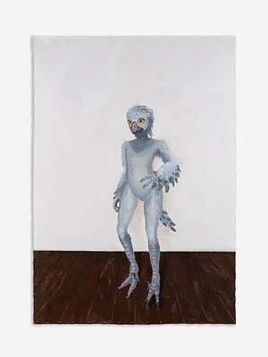A vertically oriented unframed painting with slightly rough edges. The painting depicts a standing bird or dinosaur figure in a traditional contrapposto portrait pose, with the weight on one foot and the opposite hip raised to increase the curve of the spine. The figure stands on a dark wood floor and the wall behind it is white. A faint shadow from the figure appears on the wall at its back. The figure is light grey and softly feathered. Its feet are cloven, it has long legs, and one wing rests against a hip like a hand. The face and head are proportionate to a human body. The dinosaur has large yellow eyes and a dark grey beak.