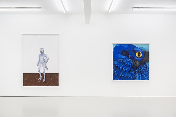 An exhibition view of a white gallery with florescent lights and a pale gray floor. Two large paintings hang on the wall. On our left is a vertically oriented painting of a standing dinosaur figure. The figure stands on a wood floor in front of a white wall. It has cloven feet, long grey legs, two wings, a tail and short feathered arms. Its head has a beak and large yellow eyes. The painting on the right is square and in bright cobalt blue. The painting zooms in on the side of a bird or dinosaur's head. Most of the head profile, a large yellow eye, part of a black beak and layers of blue feathers are shown.