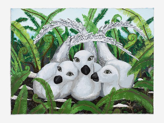 A horizontally oriented painting of three small, white dinosaurs that resemble seagulls or shore birds. They are small and white, with black beaks and long curved tail feathers. The three birds are cuddled together amidst curving, fernlike vegetation that resembles their tail feathers. The paint is rough and dabbed. The dinosaurs have huge, expressive black eyes.