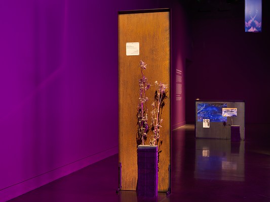 A freestanding metal panel with a rusty brown surface has a small square of text mounted on it. In front of the panel, dried thistle plants sprout from the top of a stack of concrete bricks. In the background, a smaller rectangular panel stands with imagery affixed to it. Another smaller stack of bricks is displayed in front of the back panel with a thistle plant growing out of it. A small blue banner with abstracted forms hangs in the top right corner of the frame.