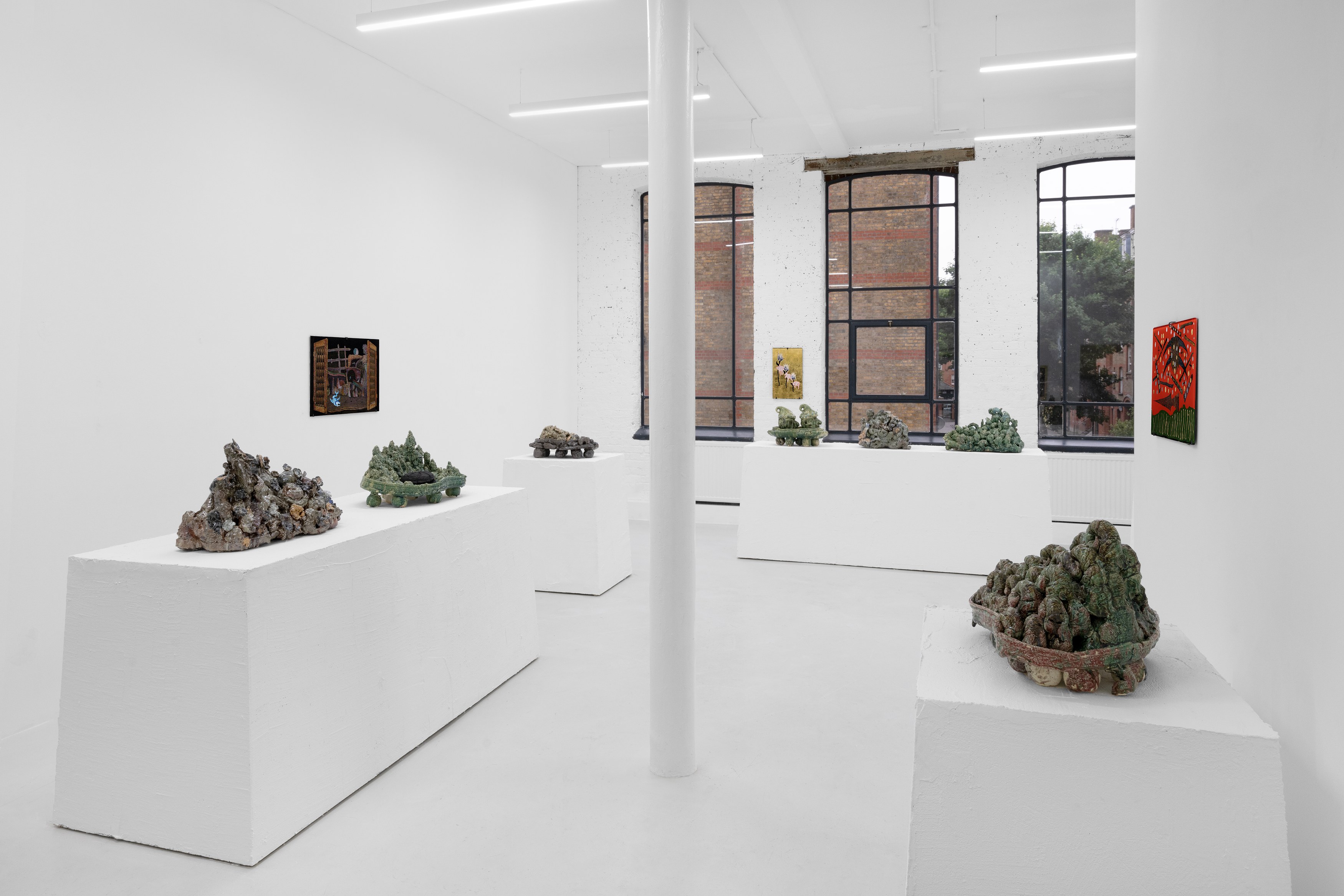Aaron Angell, NOT ALL ON SHOW: Hinterglasmalerei & Verre églomisé 4-5/2025: ‘Organ Painting’, ‘Bamboo Organ Painting’, ‘Worm Organ Painting’, ‘Intarsia – View’, ‘Intarsia – Shut’, ‘Northern Renaissance Social Abstract Demonstration’, ‘Intarsia – Whitefly’; ‘Pig, tulip, pig, tulip, pig, tulip’; ‘Scholar – Melon’.Oribe 2-5/2025: ‘Melon – Life On Ship’, ‘Abilità Negativa’ (three versions), ‘Tray with Two Capped Heads’, ‘Tray with Clouds’, ‘Gongshi with Carbonised Panis Quadratis’; Shino Americàin & polychrome 2- at Ilenia, photo 2