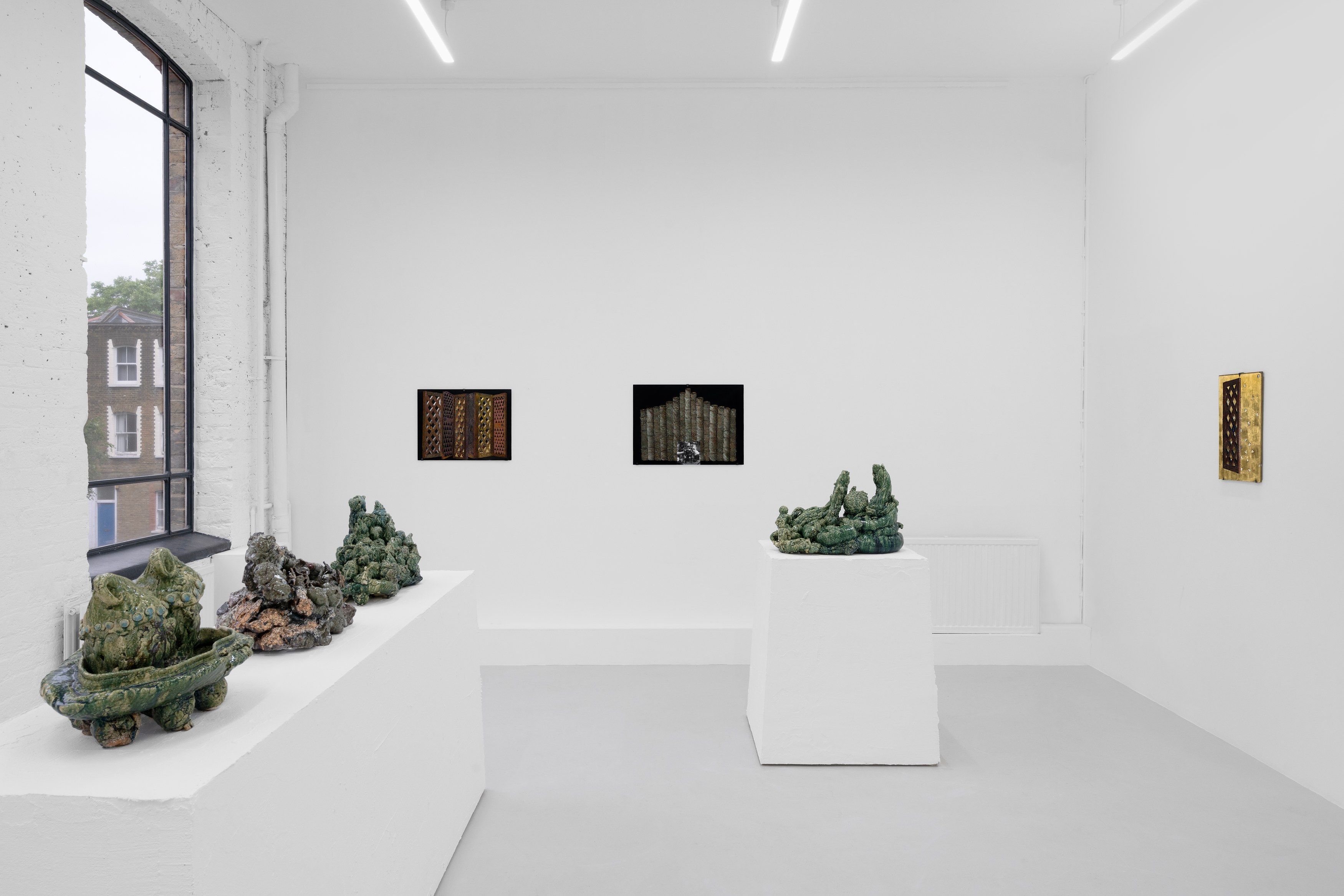Aaron Angell, NOT ALL ON SHOW: Hinterglasmalerei & Verre églomisé 4-5/2025: ‘Organ Painting’, ‘Bamboo Organ Painting’, ‘Worm Organ Painting’, ‘Intarsia – View’, ‘Intarsia – Shut’, ‘Northern Renaissance Social Abstract Demonstration’, ‘Intarsia – Whitefly’; ‘Pig, tulip, pig, tulip, pig, tulip’; ‘Scholar – Melon’.Oribe 2-5/2025: ‘Melon – Life On Ship’, ‘Abilità Negativa’ (three versions), ‘Tray with Two Capped Heads’, ‘Tray with Clouds’, ‘Gongshi with Carbonised Panis Quadratis’; Shino Americàin & polychrome 2- at Ilenia, photo 3