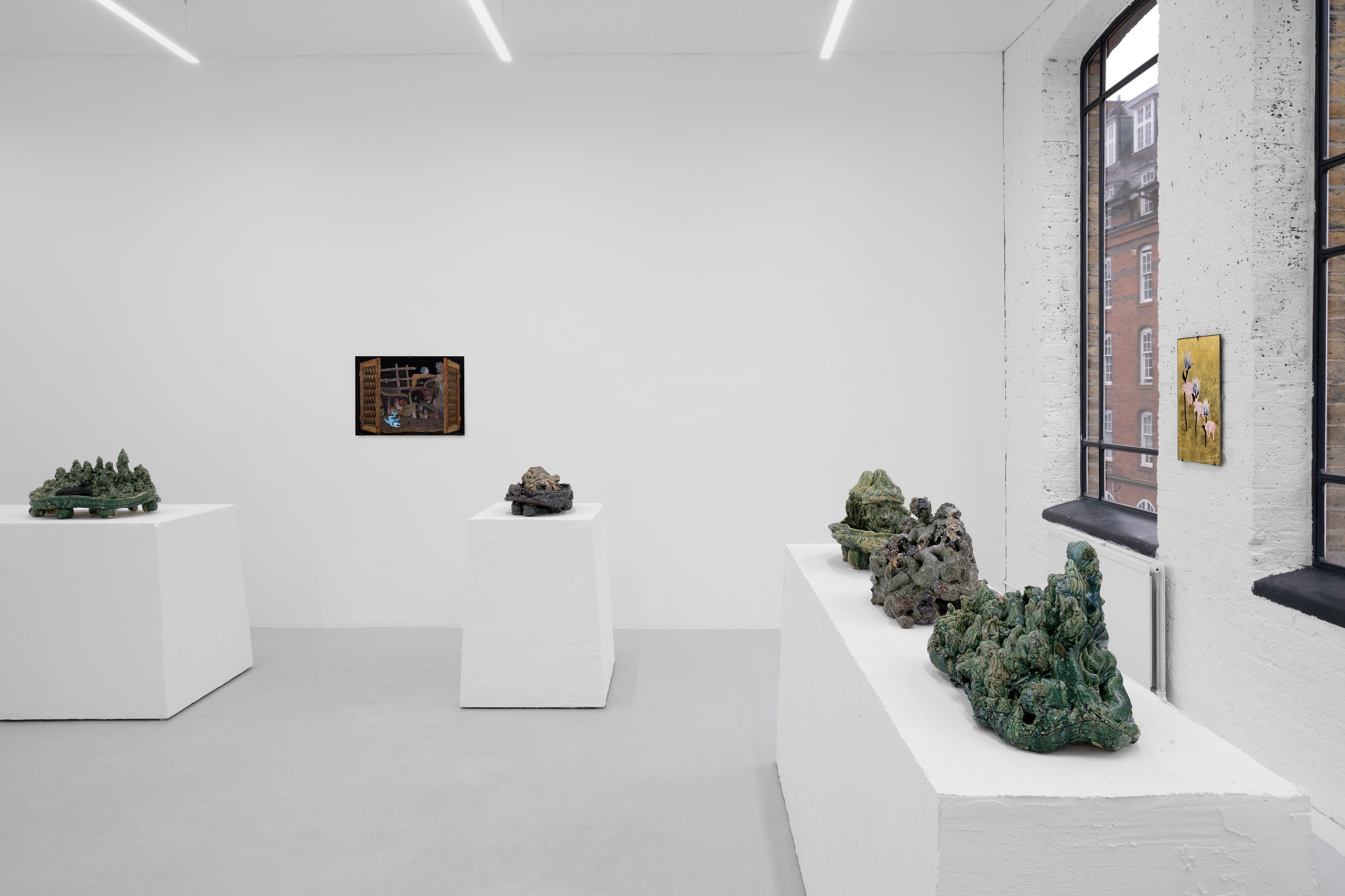 Aaron Angell, NOT ALL ON SHOW: Hinterglasmalerei & Verre églomisé 4-5/2025: ‘Organ Painting’, ‘Bamboo Organ Painting’, ‘Worm Organ Painting’, ‘Intarsia – View’, ‘Intarsia – Shut’, ‘Northern Renaissance Social Abstract Demonstration’, ‘Intarsia – Whitefly’; ‘Pig, tulip, pig, tulip, pig, tulip’; ‘Scholar – Melon’.Oribe 2-5/2025: ‘Melon – Life On Ship’, ‘Abilità Negativa’ (three versions), ‘Tray with Two Capped Heads’, ‘Tray with Clouds’, ‘Gongshi with Carbonised Panis Quadratis’; Shino Americàin & polychrome 2- at Ilenia, photo 5
