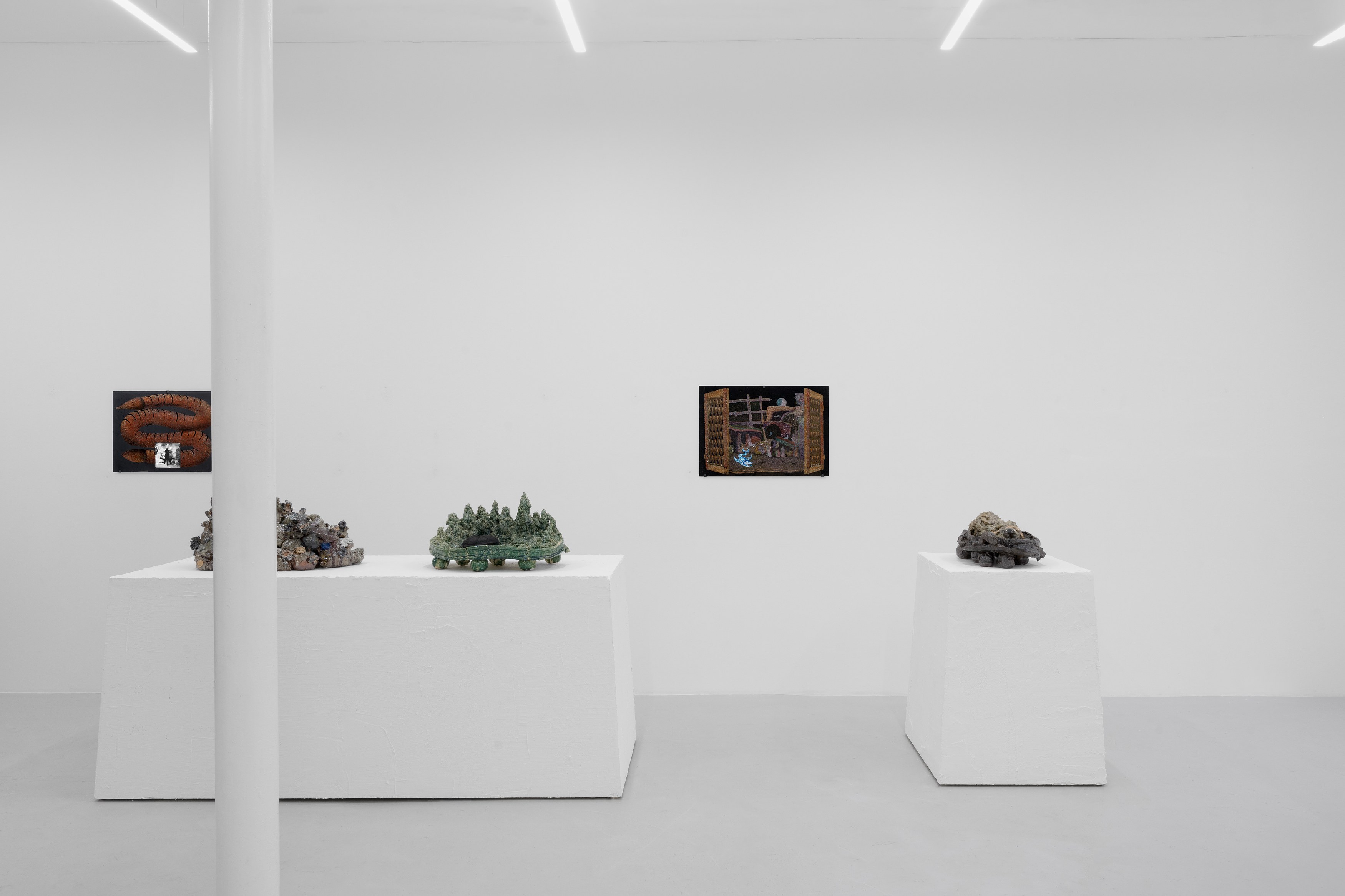 Aaron Angell, NOT ALL ON SHOW: Hinterglasmalerei & Verre églomisé 4-5/2025: ‘Organ Painting’, ‘Bamboo Organ Painting’, ‘Worm Organ Painting’, ‘Intarsia – View’, ‘Intarsia – Shut’, ‘Northern Renaissance Social Abstract Demonstration’, ‘Intarsia – Whitefly’; ‘Pig, tulip, pig, tulip, pig, tulip’; ‘Scholar – Melon’.Oribe 2-5/2025: ‘Melon – Life On Ship’, ‘Abilità Negativa’ (three versions), ‘Tray with Two Capped Heads’, ‘Tray with Clouds’, ‘Gongshi with Carbonised Panis Quadratis’; Shino Americàin & polychrome 2- at Ilenia, photo 6