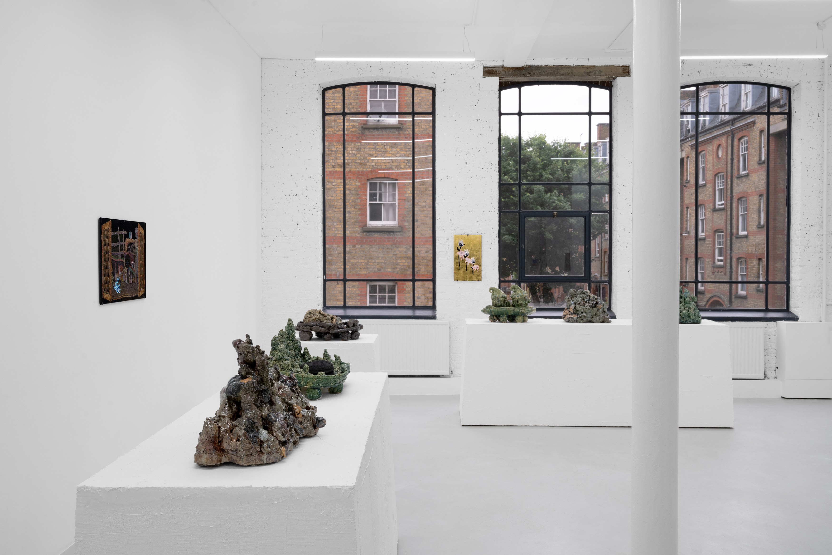 Aaron Angell, NOT ALL ON SHOW: Hinterglasmalerei & Verre églomisé 4-5/2025: ‘Organ Painting’, ‘Bamboo Organ Painting’, ‘Worm Organ Painting’, ‘Intarsia – View’, ‘Intarsia – Shut’, ‘Northern Renaissance Social Abstract Demonstration’, ‘Intarsia – Whitefly’; ‘Pig, tulip, pig, tulip, pig, tulip’; ‘Scholar – Melon’.Oribe 2-5/2025: ‘Melon – Life On Ship’, ‘Abilità Negativa’ (three versions), ‘Tray with Two Capped Heads’, ‘Tray with Clouds’, ‘Gongshi with Carbonised Panis Quadratis’; Shino Americàin & polychrome 2- at Ilenia, photo 9