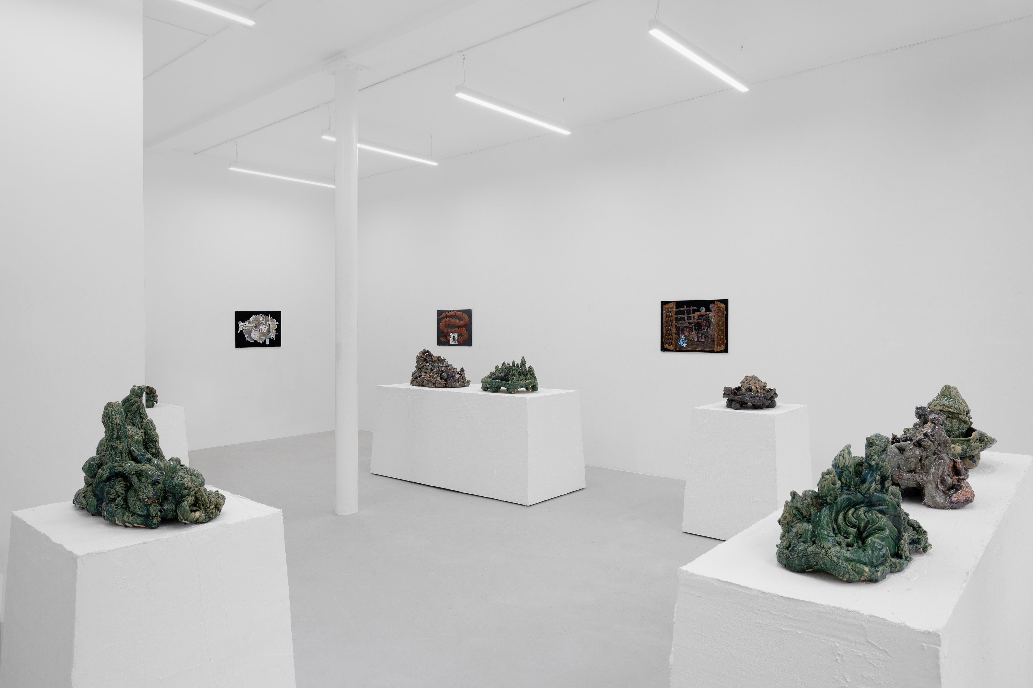 Aaron Angell, NOT ALL ON SHOW: Hinterglasmalerei & Verre églomisé 4-5/2025: ‘Organ Painting’, ‘Bamboo Organ Painting’, ‘Worm Organ Painting’, ‘Intarsia – View’, ‘Intarsia – Shut’, ‘Northern Renaissance Social Abstract Demonstration’, ‘Intarsia – Whitefly’; ‘Pig, tulip, pig, tulip, pig, tulip’; ‘Scholar – Melon’.Oribe 2-5/2025: ‘Melon – Life On Ship’, ‘Abilità Negativa’ (three versions), ‘Tray with Two Capped Heads’, ‘Tray with Clouds’, ‘Gongshi with Carbonised Panis Quadratis’; Shino Americàin & polychrome 2- at Ilenia, photo 11