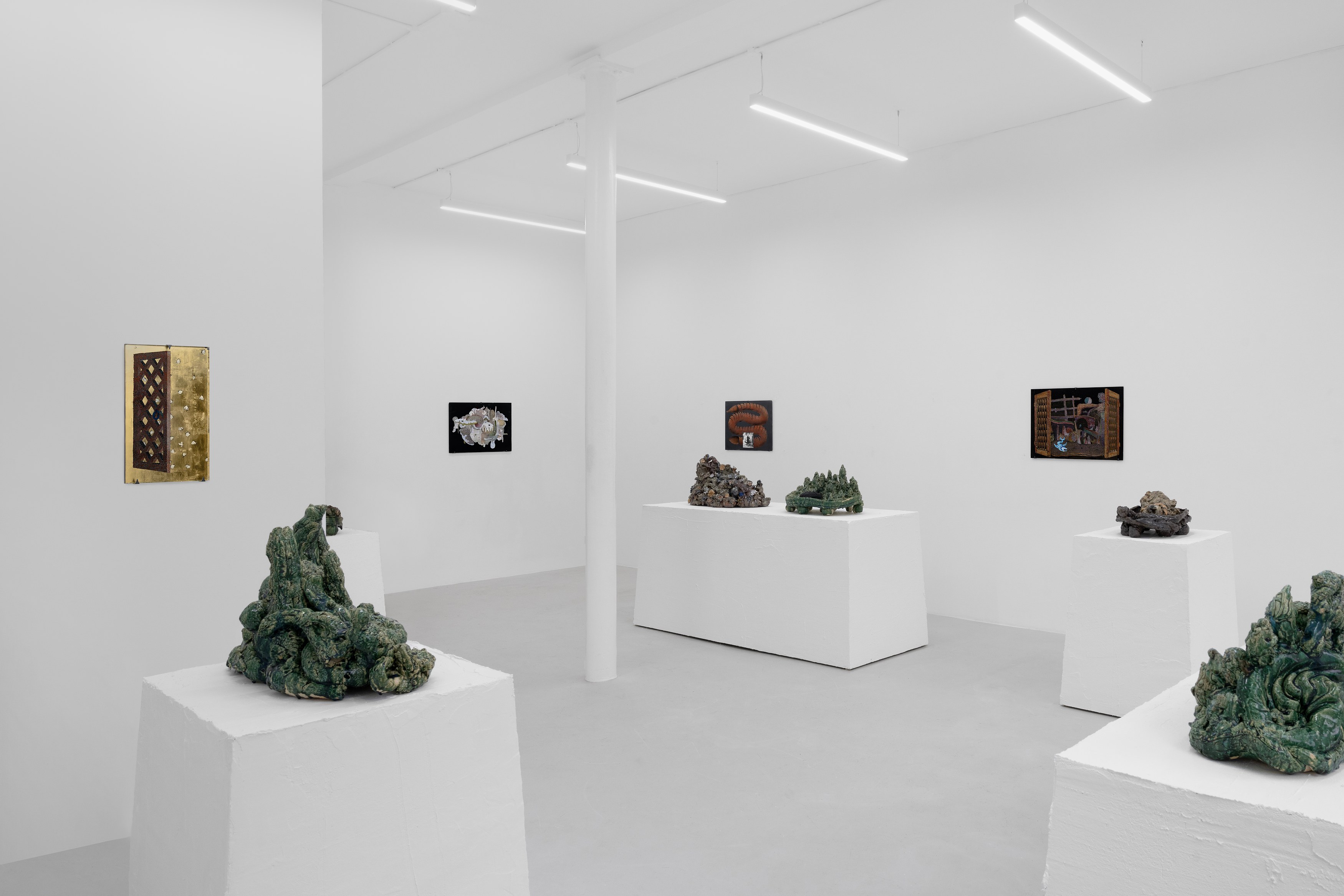 Aaron Angell, NOT ALL ON SHOW: Hinterglasmalerei & Verre églomisé 4-5/2025: ‘Organ Painting’, ‘Bamboo Organ Painting’, ‘Worm Organ Painting’, ‘Intarsia – View’, ‘Intarsia – Shut’, ‘Northern Renaissance Social Abstract Demonstration’, ‘Intarsia – Whitefly’; ‘Pig, tulip, pig, tulip, pig, tulip’; ‘Scholar – Melon’.Oribe 2-5/2025: ‘Melon – Life On Ship’, ‘Abilità Negativa’ (three versions), ‘Tray with Two Capped Heads’, ‘Tray with Clouds’, ‘Gongshi with Carbonised Panis Quadratis’; Shino Americàin & polychrome 2- at Ilenia, photo 12